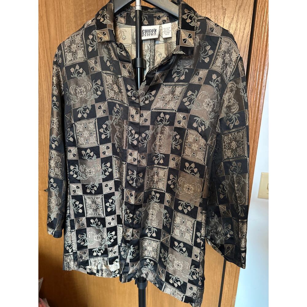 Vintage Chico's Design Silk Blend Patchwork Print Blouse Shirt Jacket